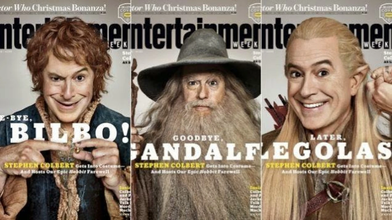 Three variant Entertainment Weekly covers of Stephen Colbert as Bilbo, Gandalf, and Legolas