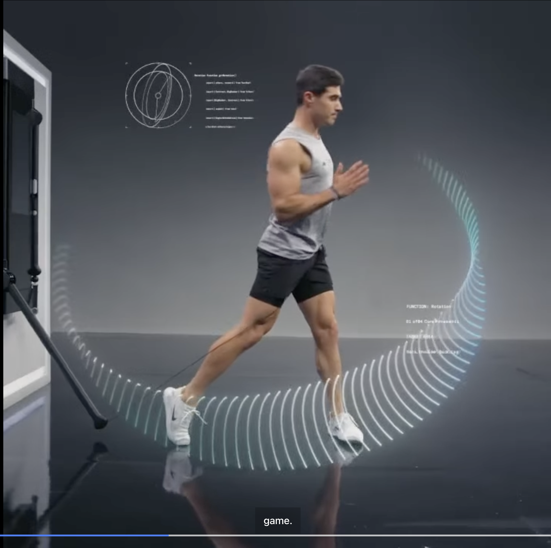 Runner's stride visualized with biomechanics tracking overlays on Tonal