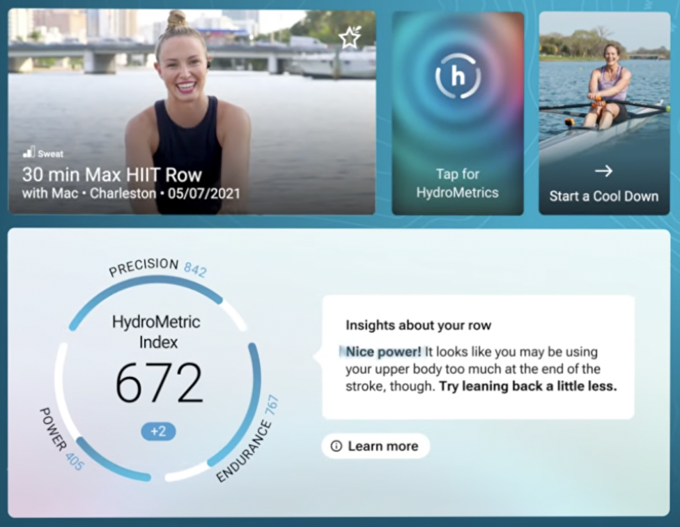 HydroMetrics Index screen showing Precision, Endurance, and Power scores with an in-app insight prompt
