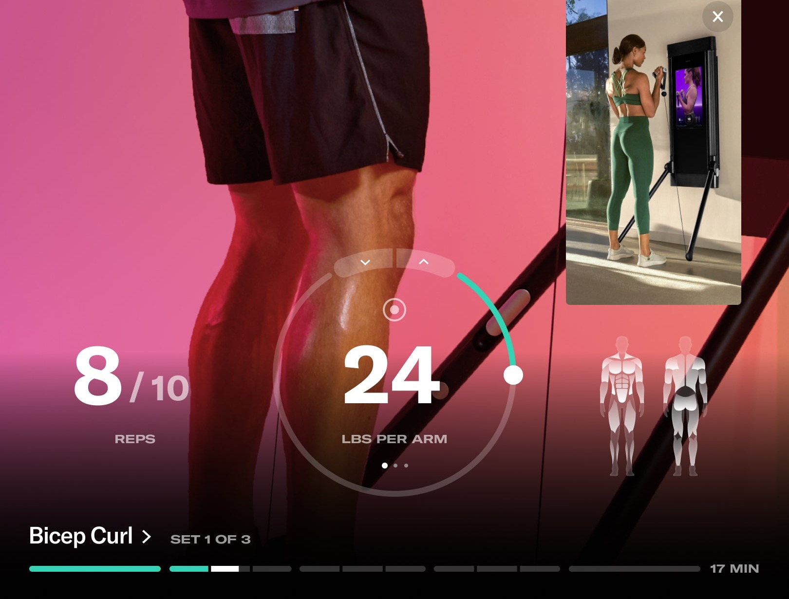 Tonal workout screen showing the Smart View picture-in-picture form-tracking overlay