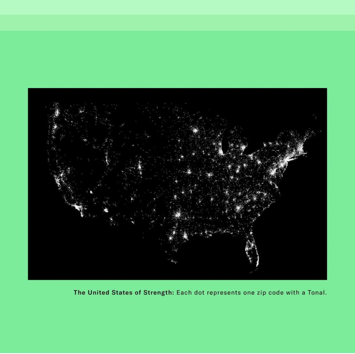 United States of Strength map, each dot representing a zip code with a Tonal member